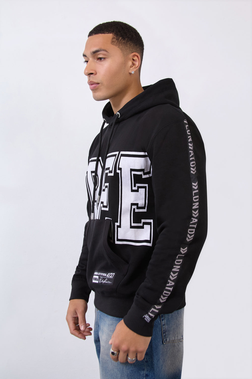 Relax Fit Black Hoodie with Bold FREE Print & Sleeve Branding - London Attitude