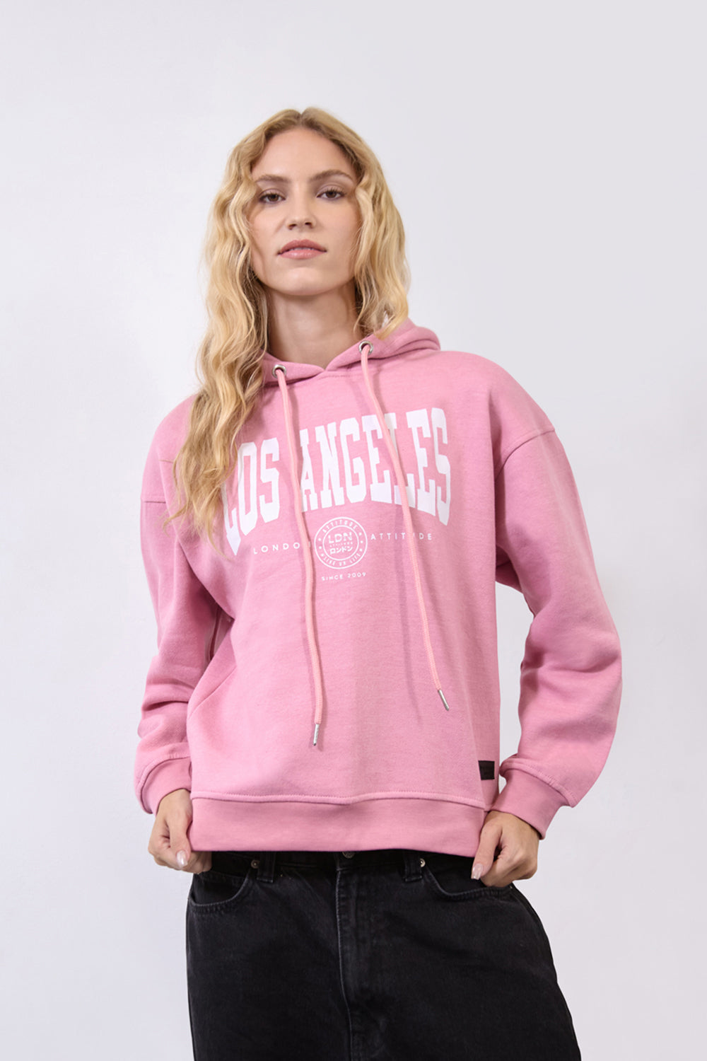 Women's Relaxed Fit "Los Angeles" Printed Hoodie Pink - London Attitude