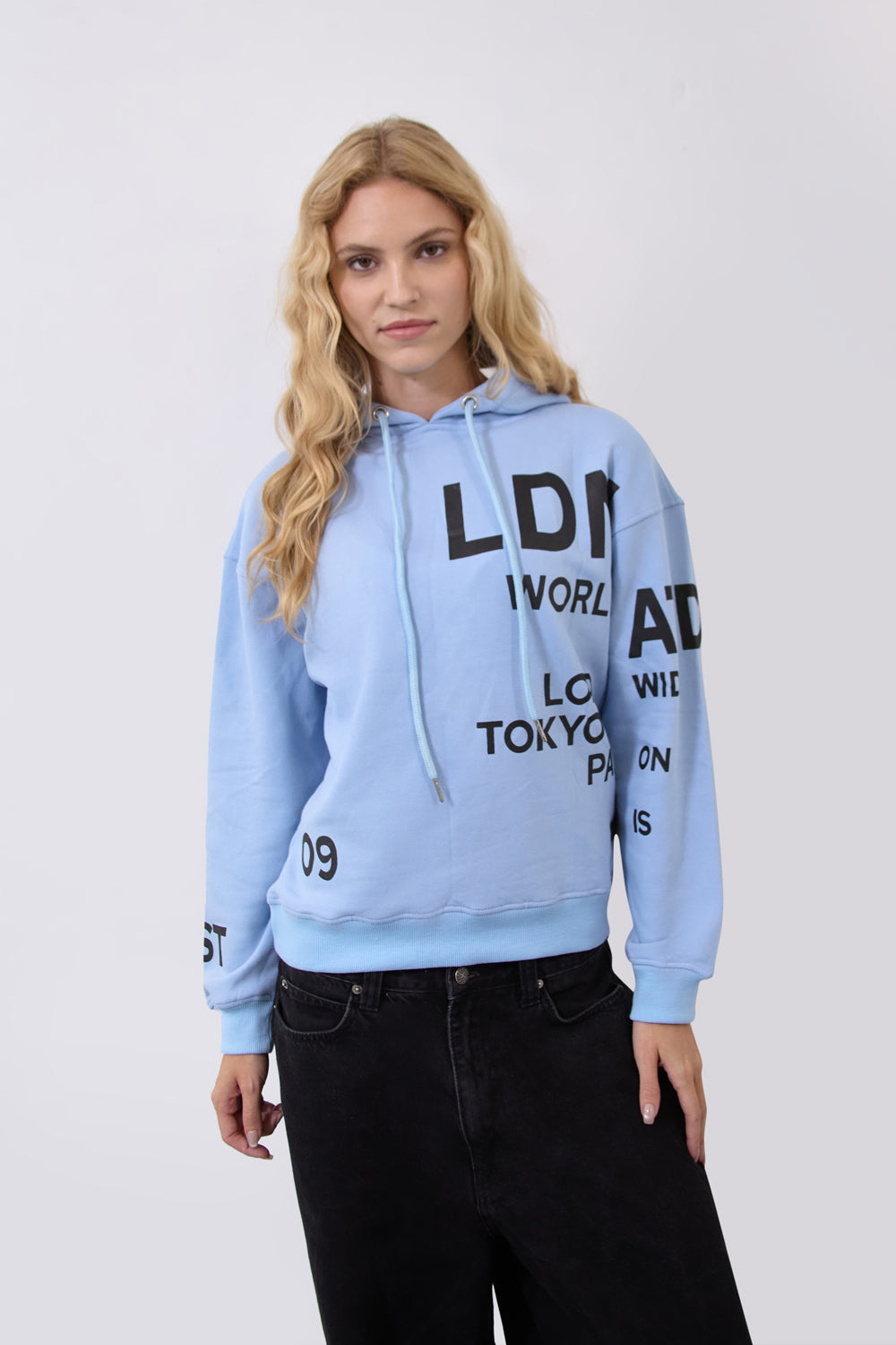 Women's Relaxed Fit Printed Hoodie Sky Blue - London Attitude