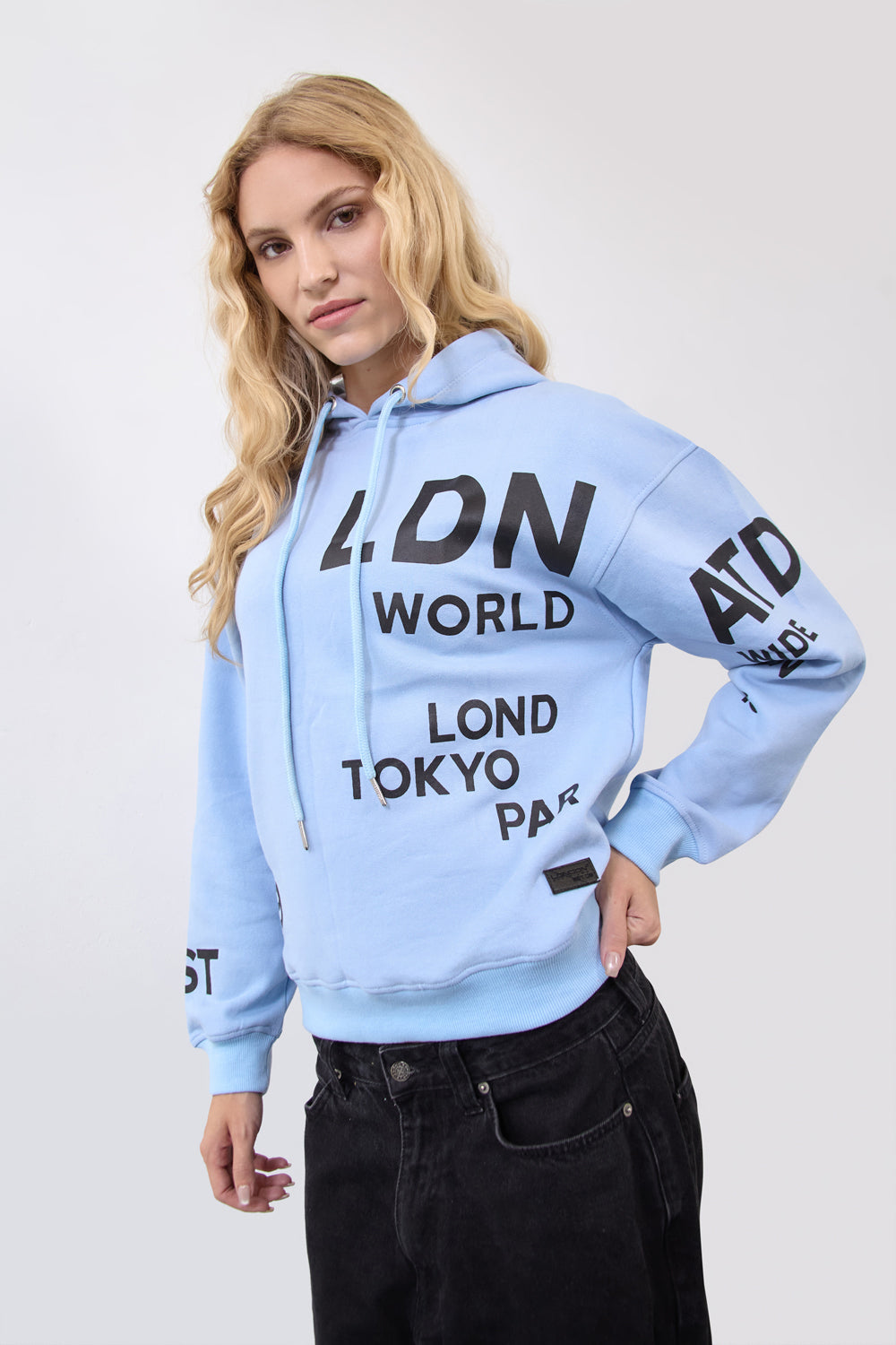 Women's Relaxed Fit Printed Hoodie Sky Blue - London Attitude