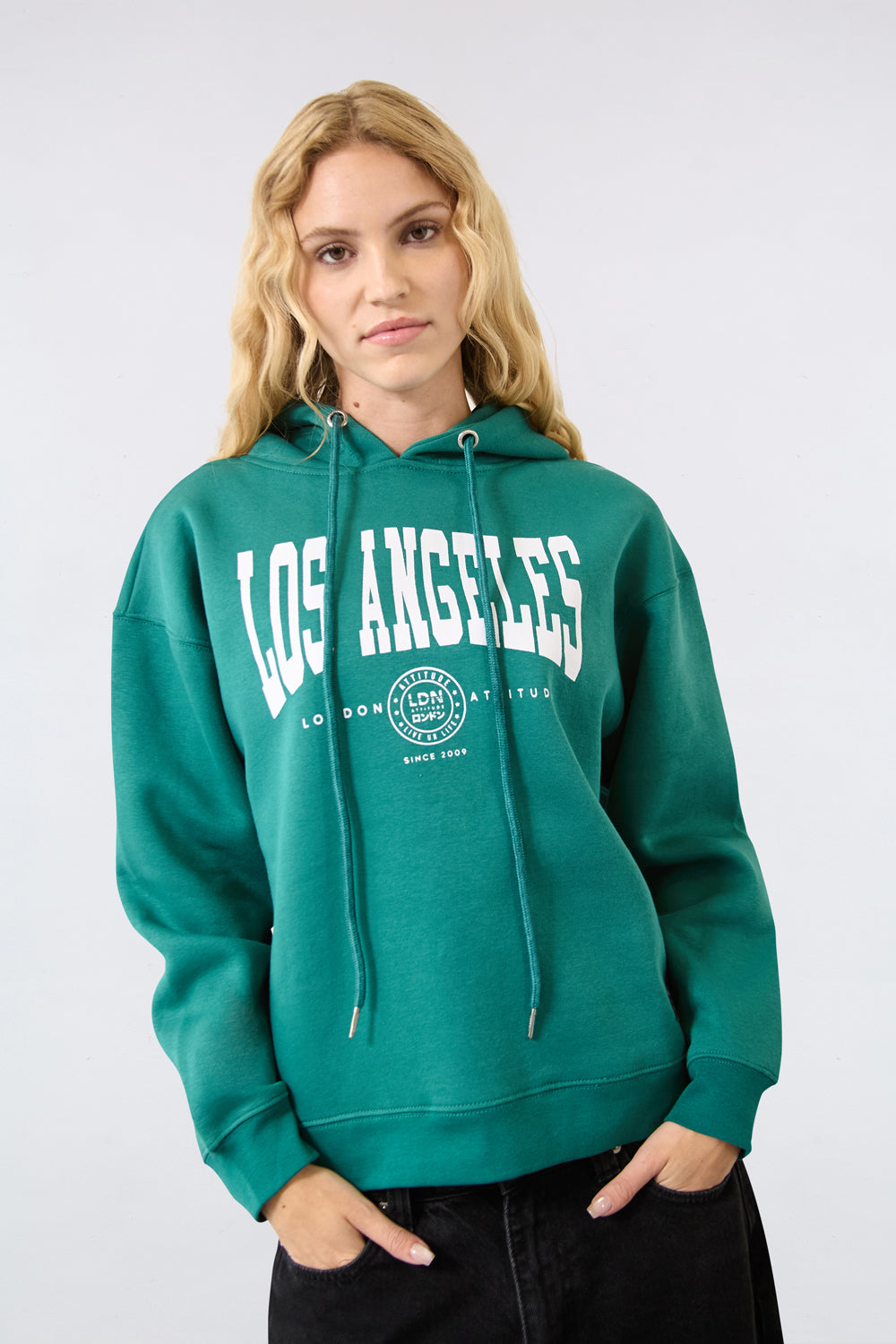 Women's Relaxed Fit "Los Angeles" Printed Hoodie Green - London Attitude