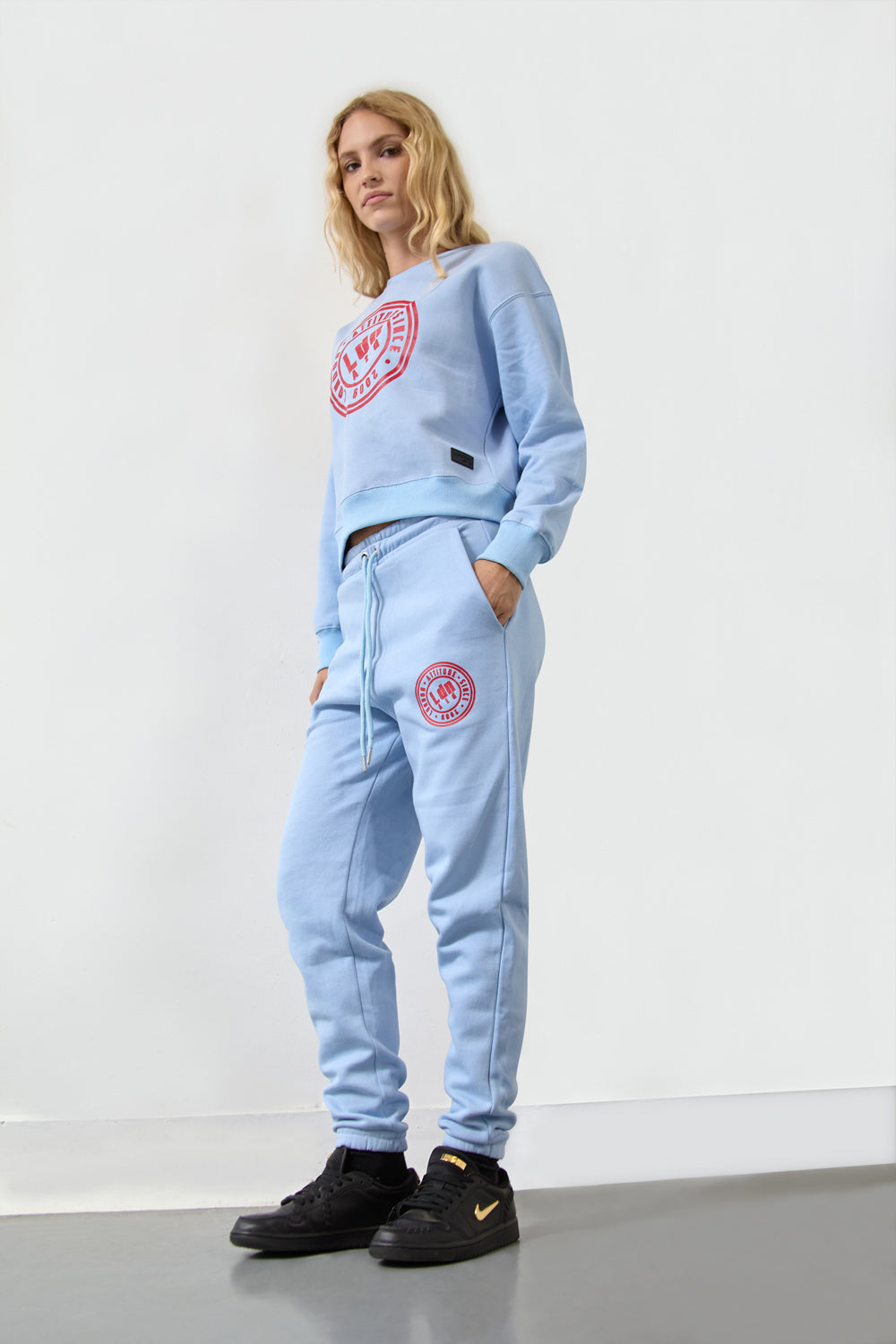 Women's High-Waist Joggers with Logo Print Sky Blue