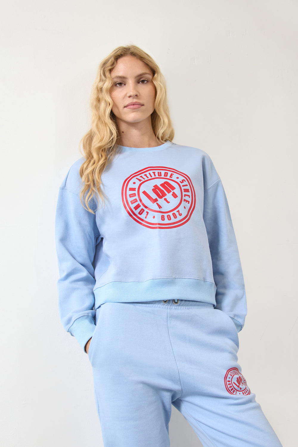 Women's Relaxed Fit Logo Printed Sweatshirt Sky Blue - London Attitude