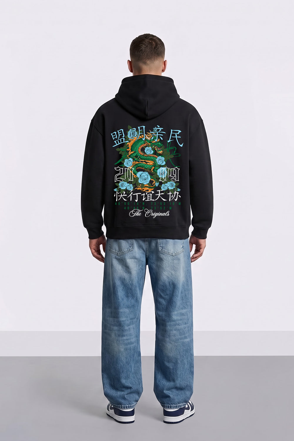 Relaxed Fit Dragon Graphic Hoodie in Black