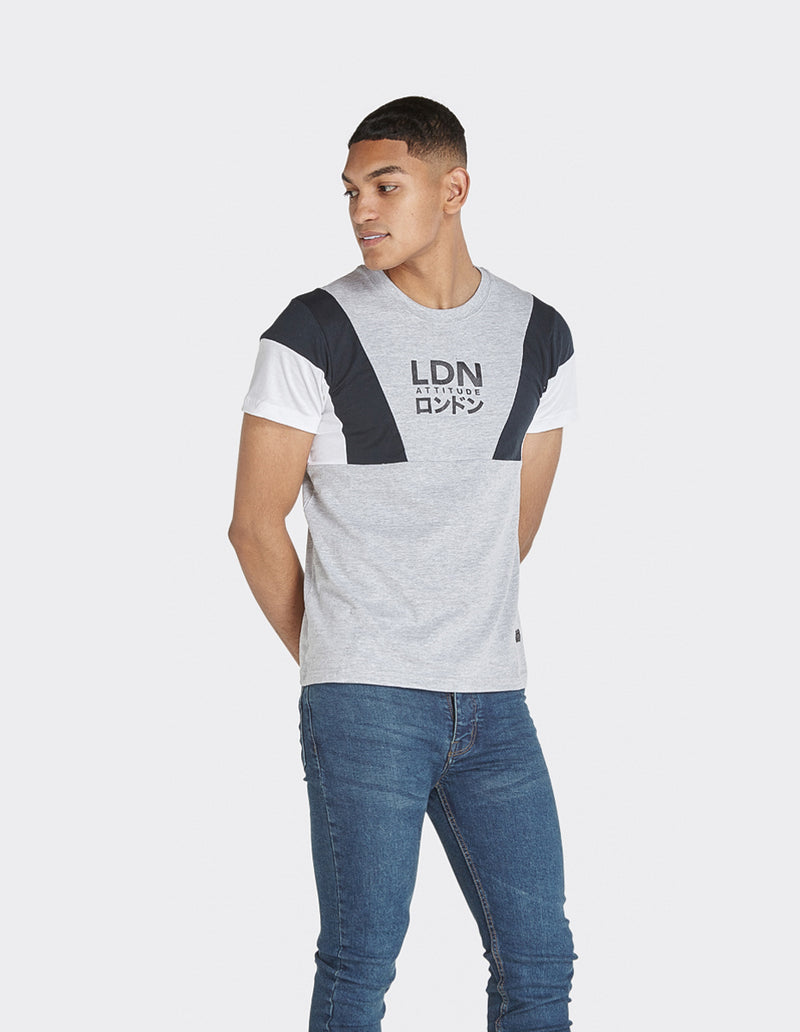 London Attitude Cut & Sew Grey Marl Sleeve Panel Printed T-Shirt