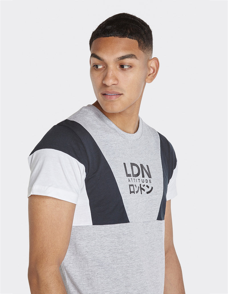 London Attitude Cut & Sew Grey Marl Sleeve Panel Printed T-Shirt