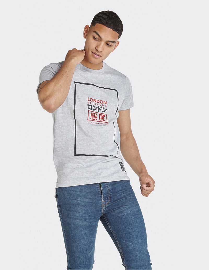 London Attitude Grey Marl Japanese Logo Print T-Shirt