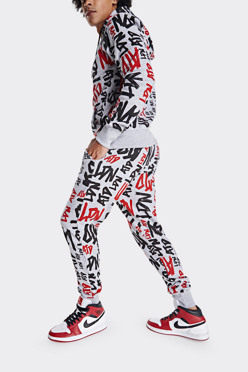 Grey 'LDN ATD' All Over Repeat Printed  Joggers