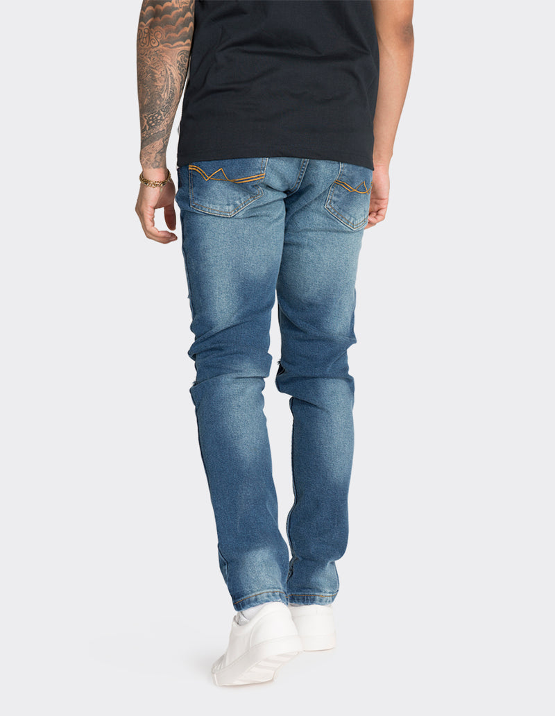 Blue slim fit knee patch jeans